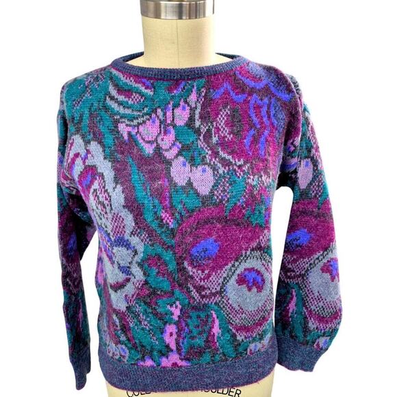 Vtg 80s 90s Purple Grape Abstract Acrylic/Angora Soft Fuzzy Sweater Womens M - Picture 1 of 5
